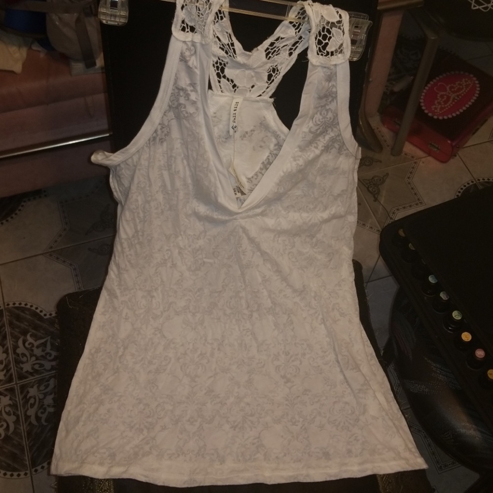 Full Tilt Crochet Racerback Sheer Floral Tank Sz L